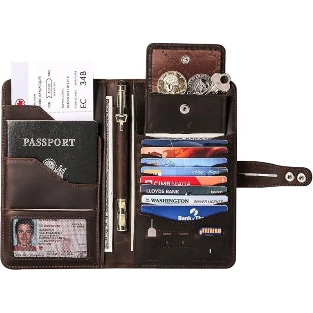 DONWORD Cow Leather Bi-Fold Passport Travel‎ Wallet RFID Blocking COFFEE